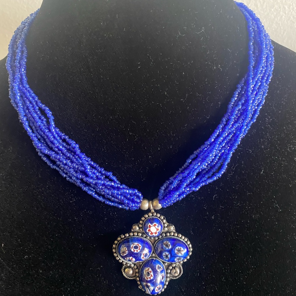 Vintage Blue Glass Murano Cabochon Beaded Necklace